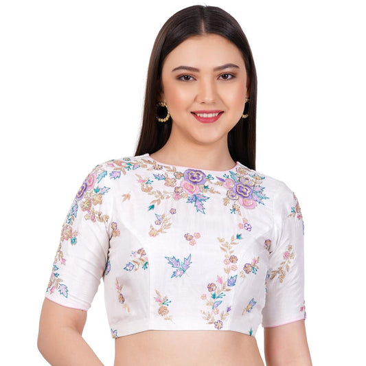 Silk White Color Hand Embroided  Blouse - Sufiza Lifestyle