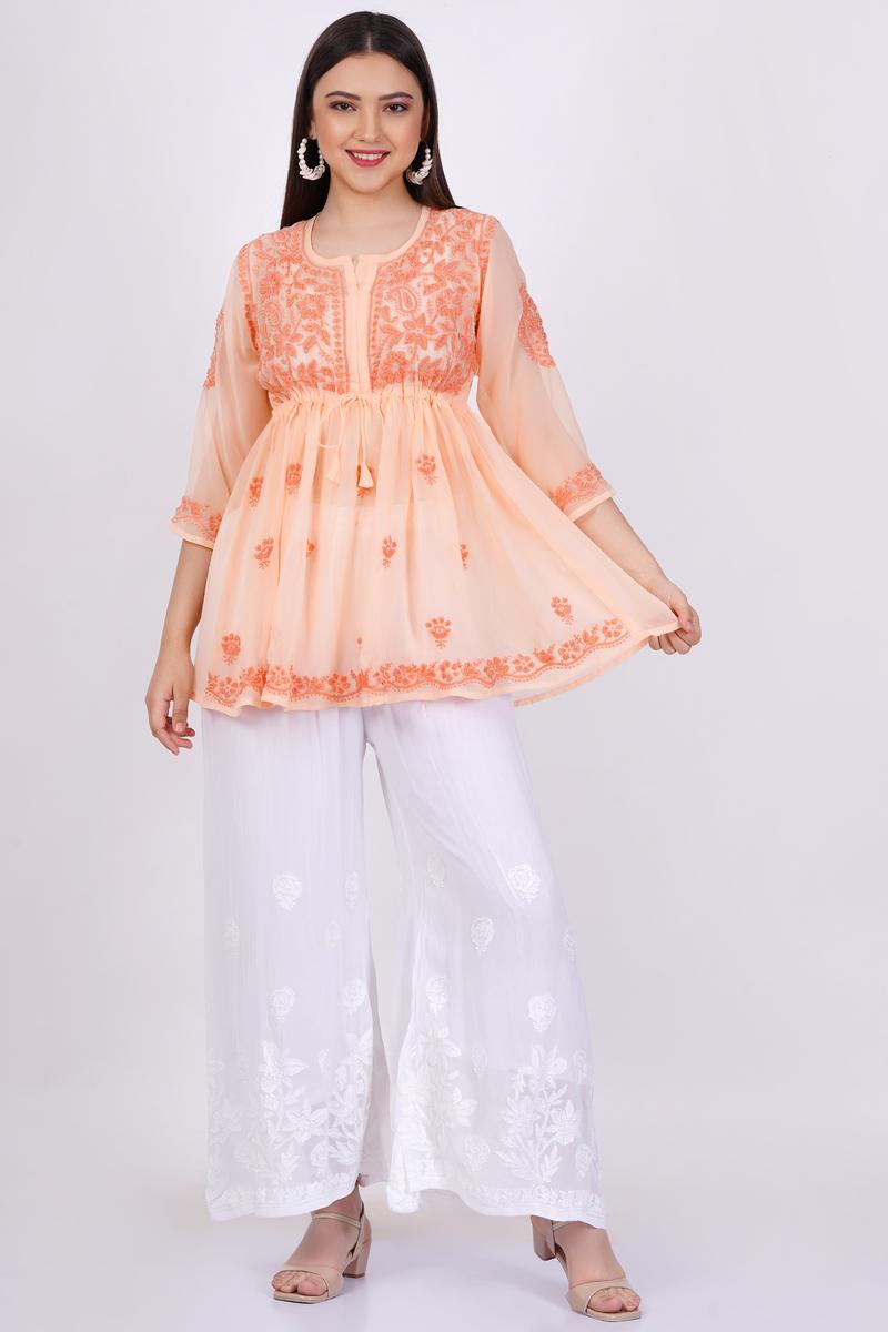 Orange Chikankari Ghas Pati Hand Work