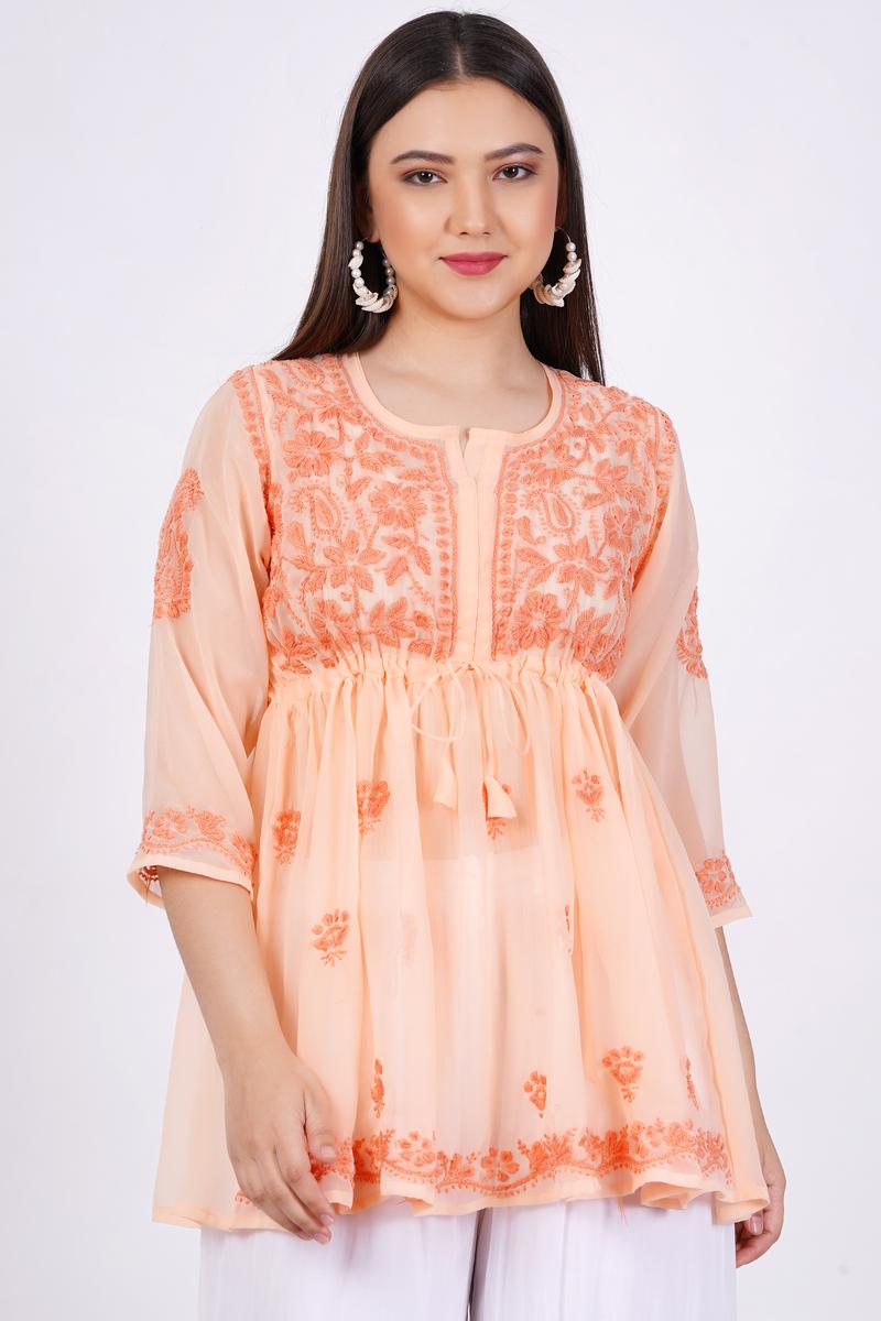 Orange Chikankari Ghas Pati Hand Work