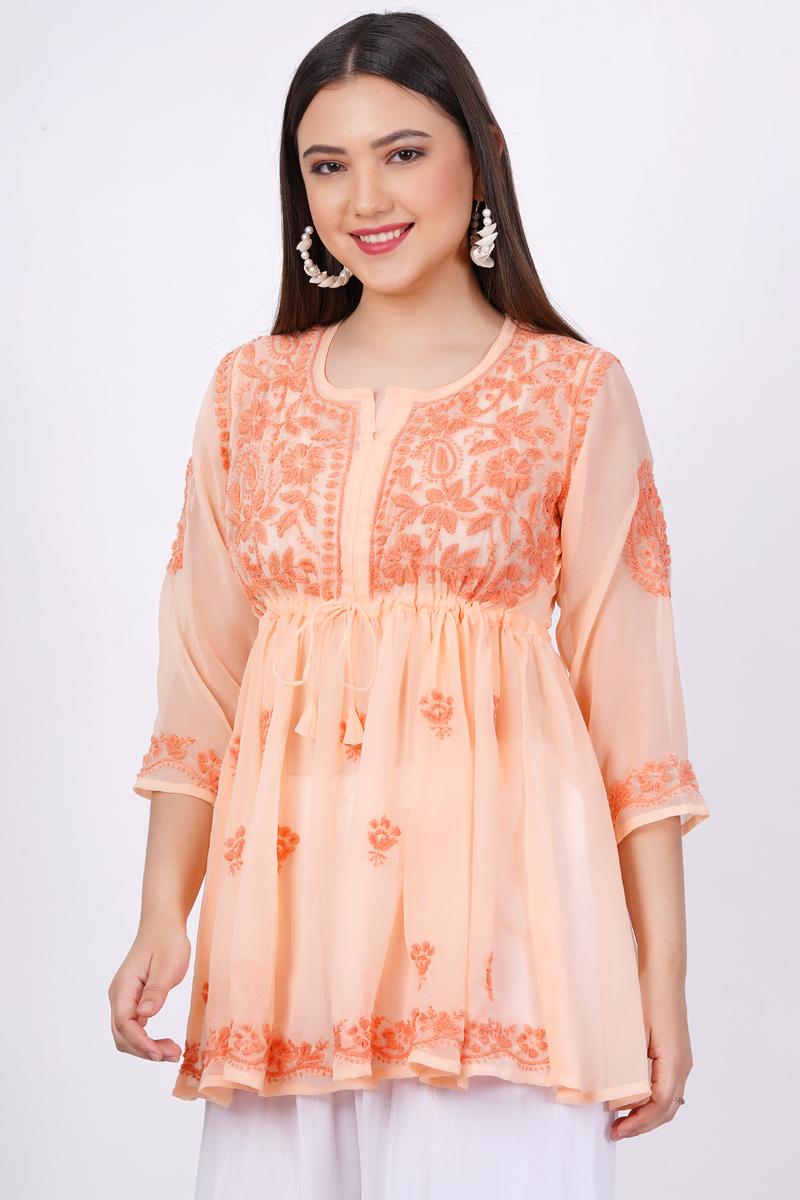 Orange Chikankari Ghas Pati Hand Work