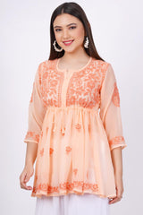 Orange Chikankari Ghas Pati Hand Work