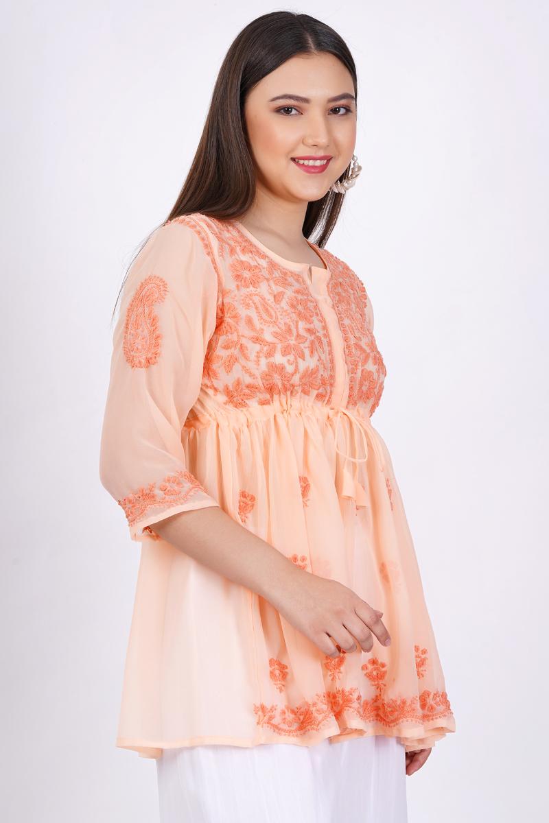 Orange Chikankari Ghas Pati Hand Work