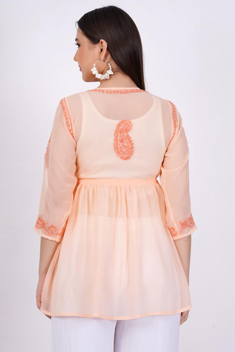 Orange Chikankari Ghas Pati Hand Work