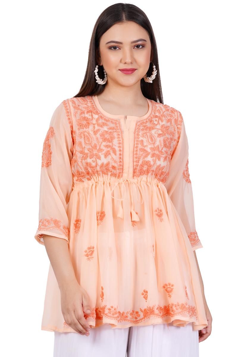 Orange Chikankari Ghas Pati Hand Work