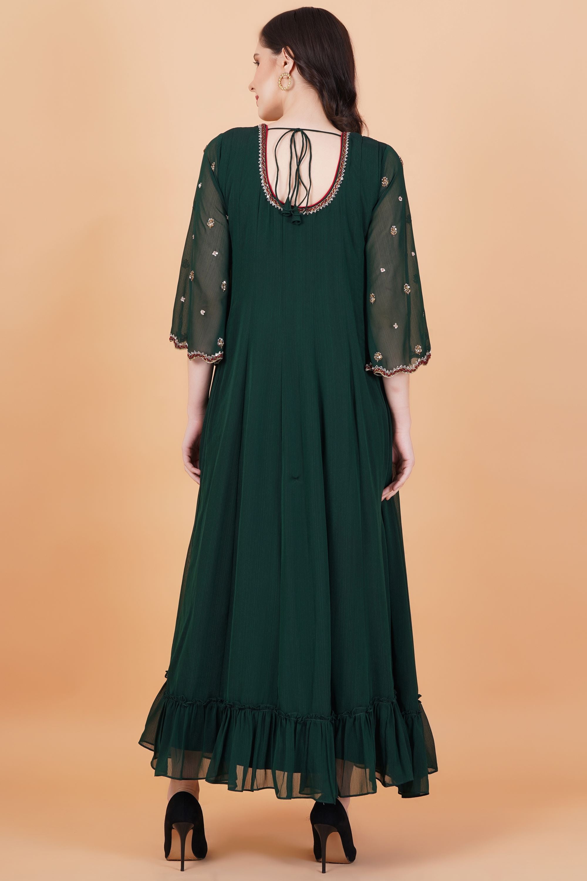 Dark Green Zardosi Hand Work Full Length dress with Maroon Dupatta