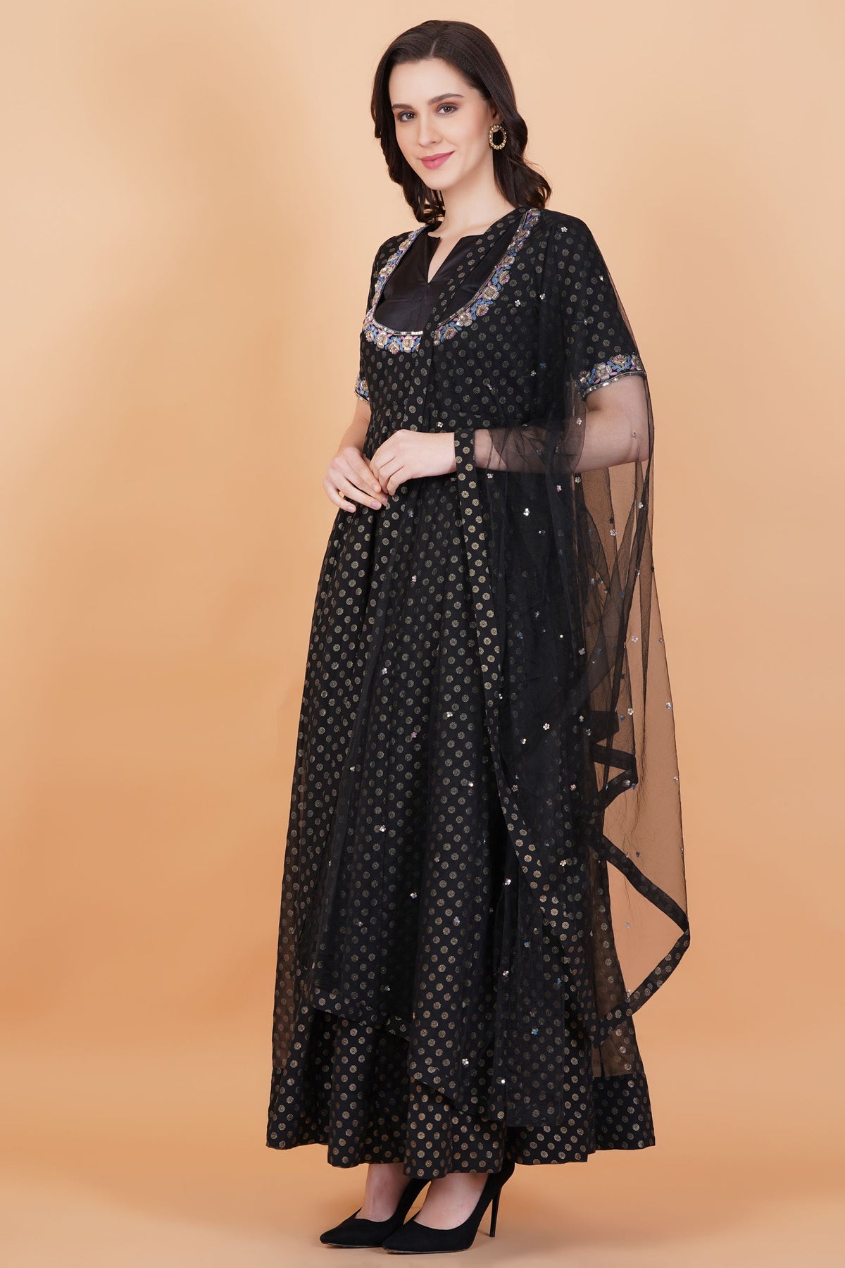 Black with Golden Foil Print Zardozi Embroidery Net Dupatta