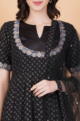 Black with Golden Foil Print Zardozi Embroidery Net Dupatta