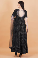 Black with Golden Foil Print Zardozi Embroidery Net Dupatta