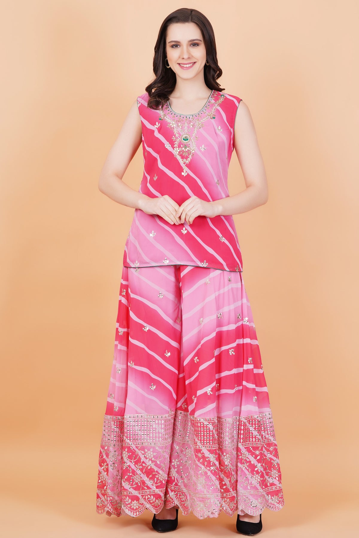 Pink Lehariya Print zardozi Neck Hand Embroidery