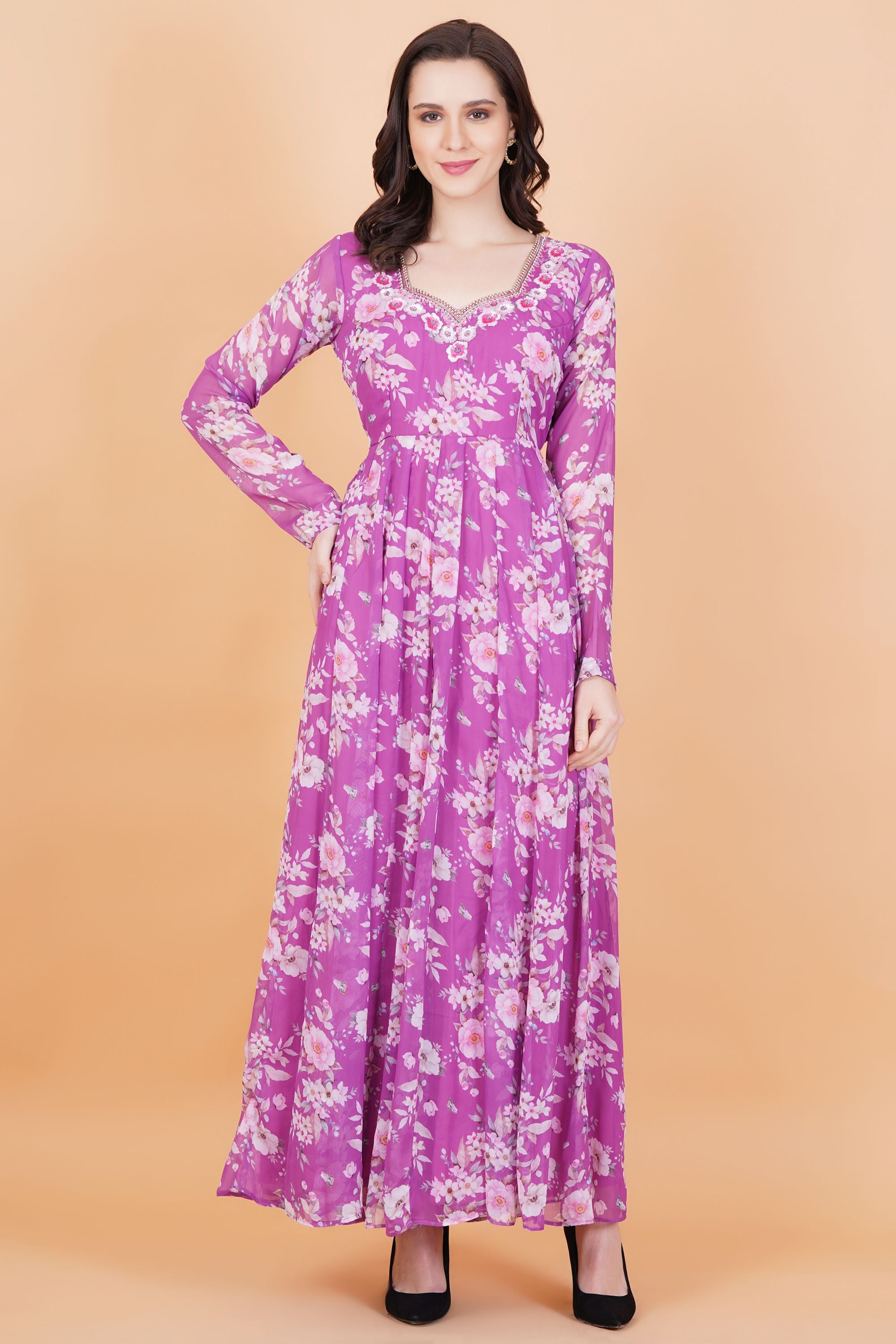 Purple Flower Printed Georgette zardozi Hand Work - Sufiza Lifestyle