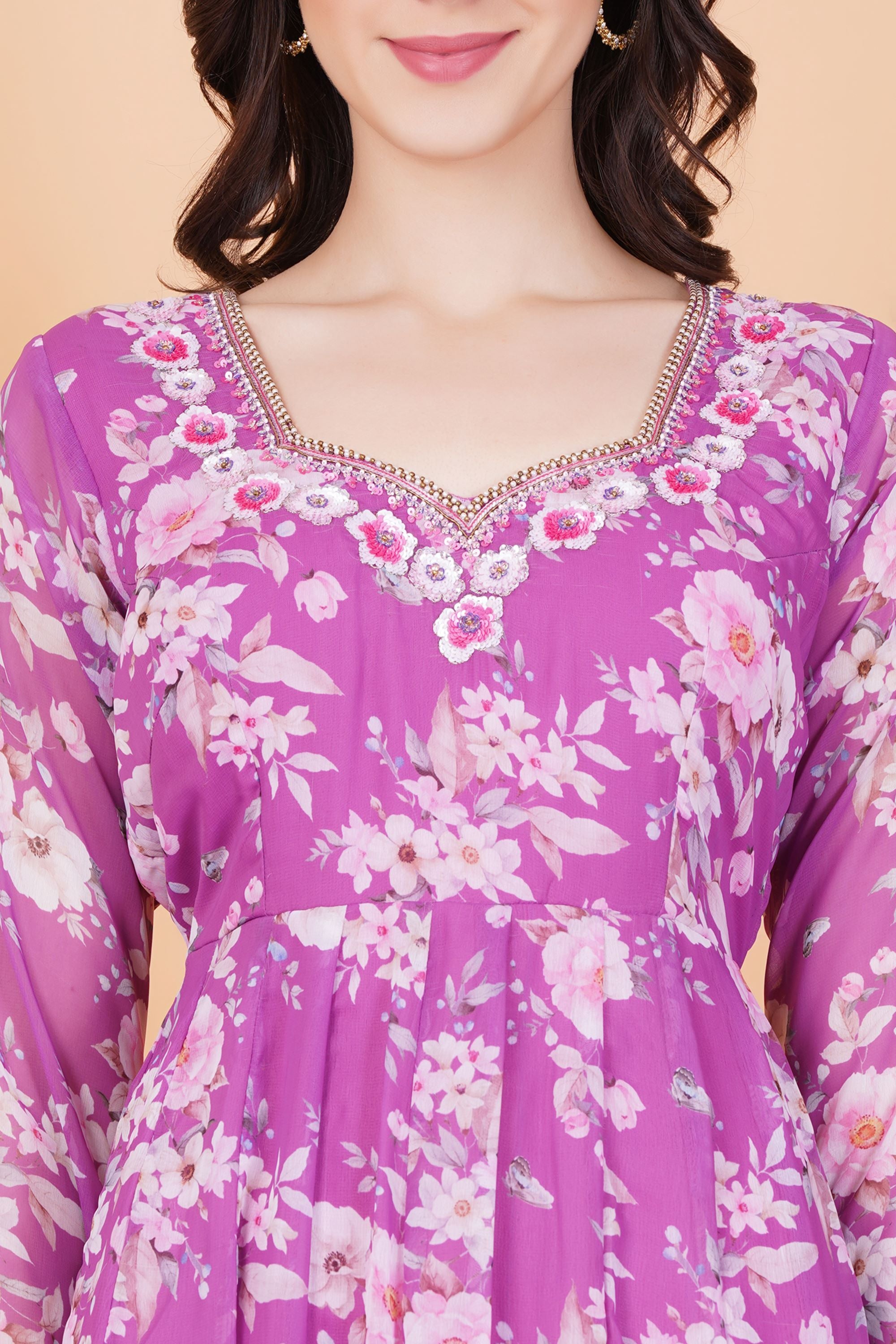 Purple Flower Printed Georgette zardozi Hand Work - Sufiza Lifestyle