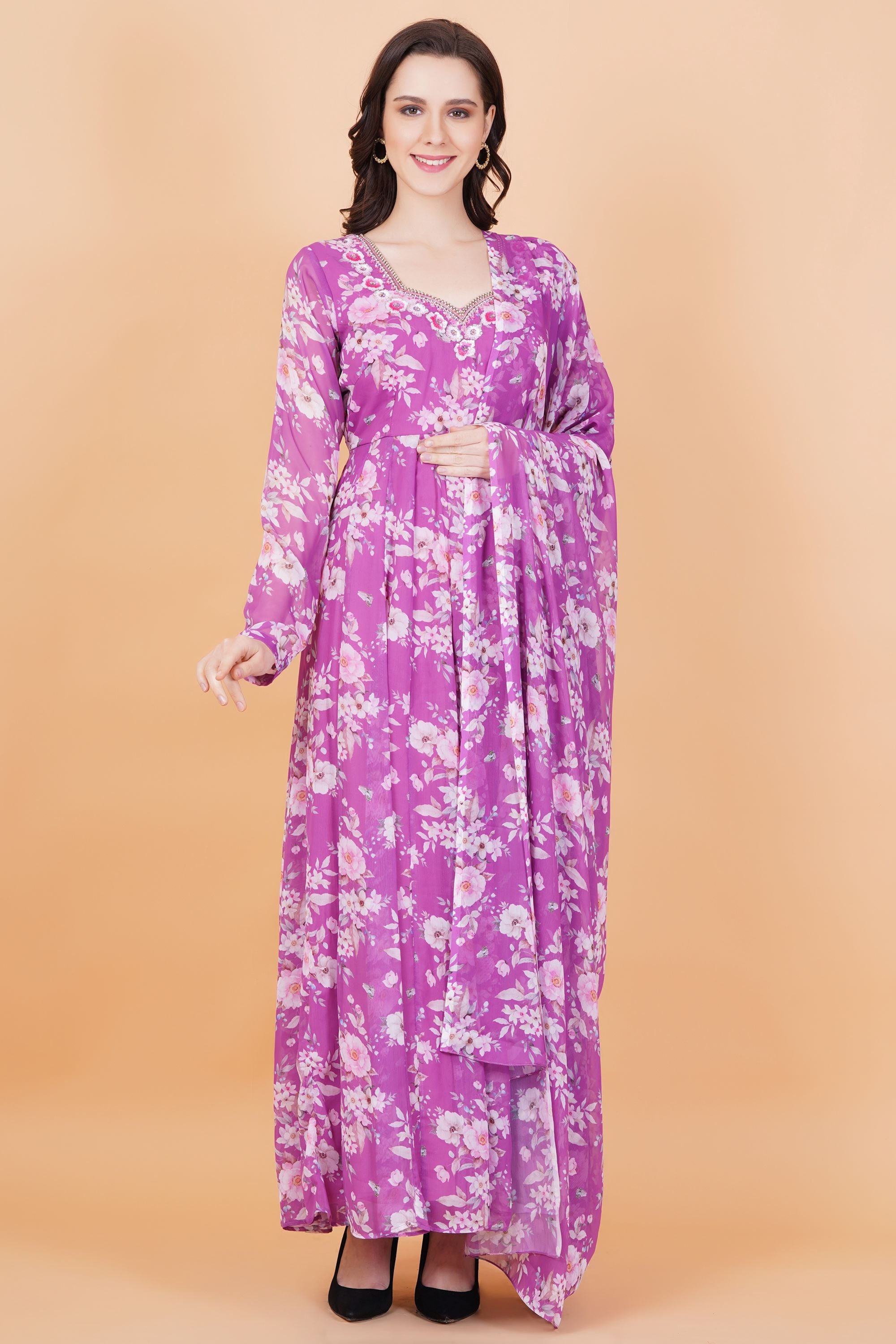 Purple Flower Printed Georgette zardozi Hand Work