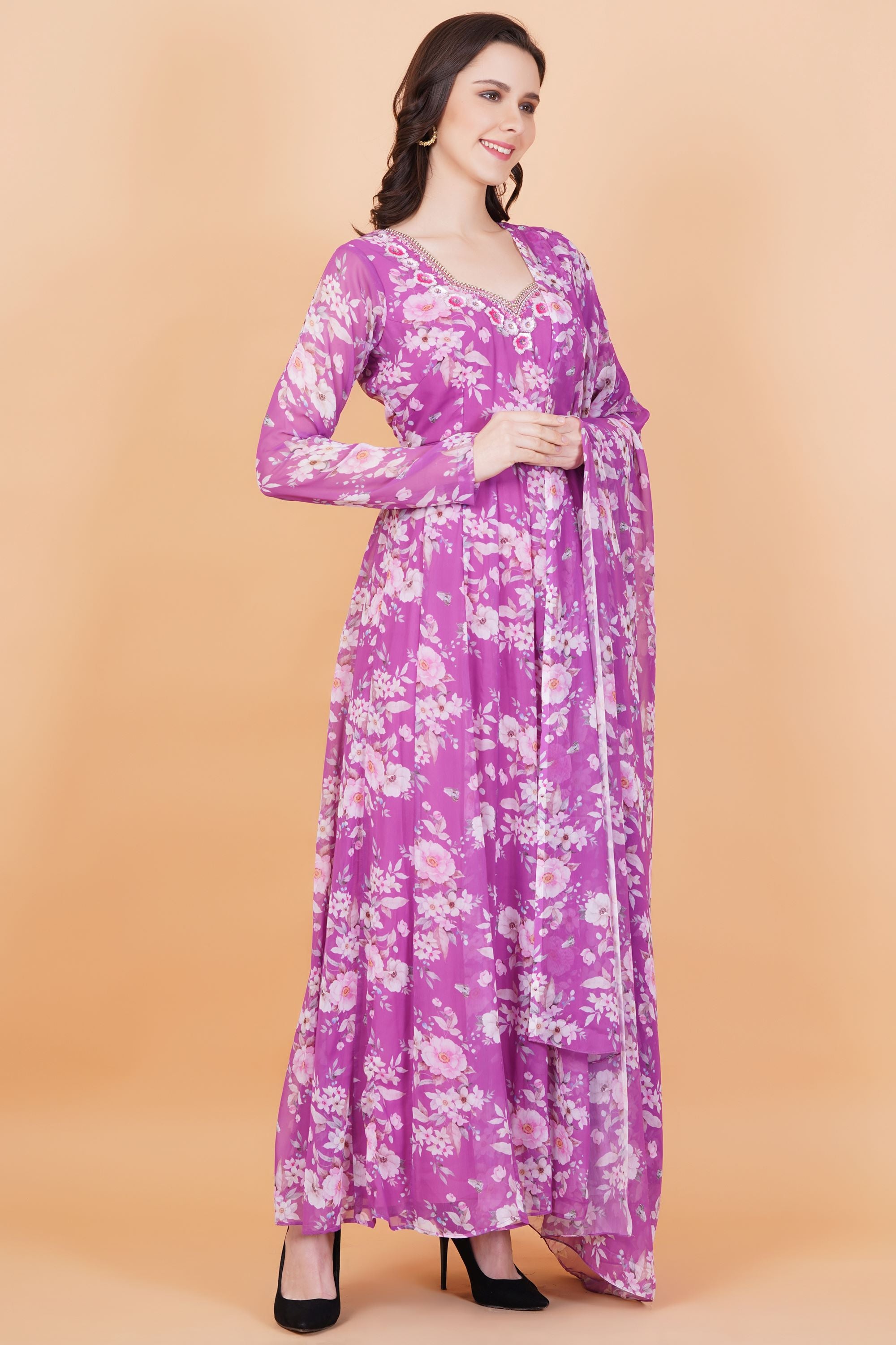 Purple Flower Printed Georgette zardozi Hand Work - Sufiza Lifestyle