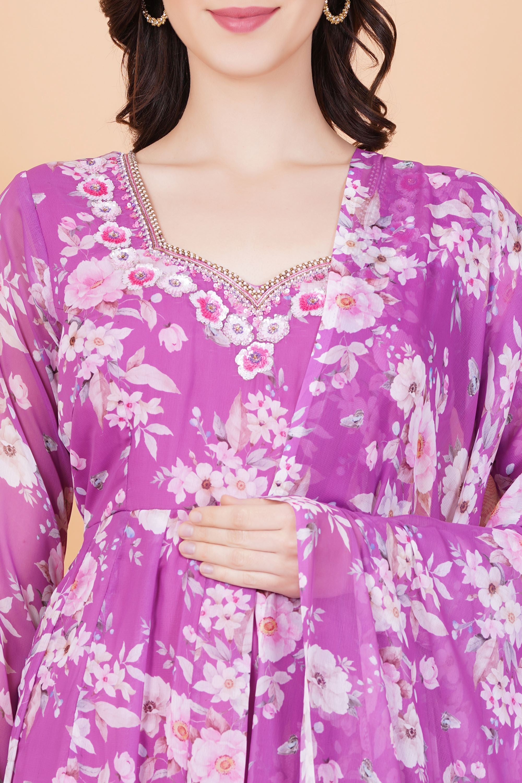 Purple Flower Printed Georgette zardozi Hand Work