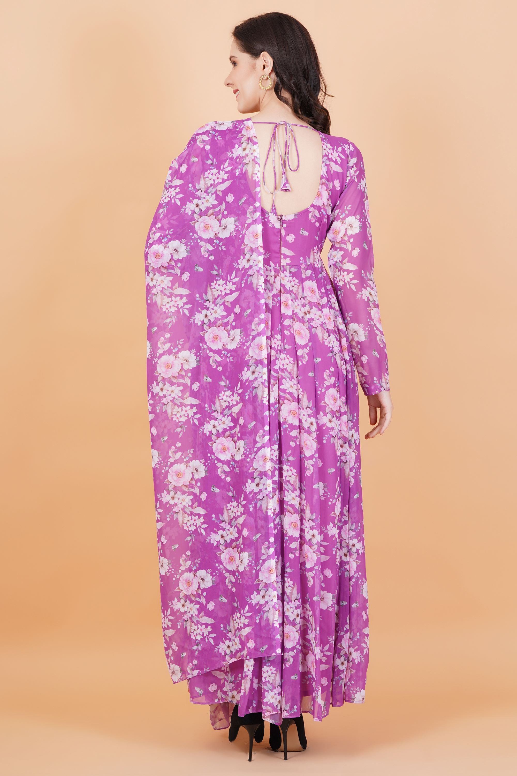 Purple Flower Printed Georgette zardozi Hand Work