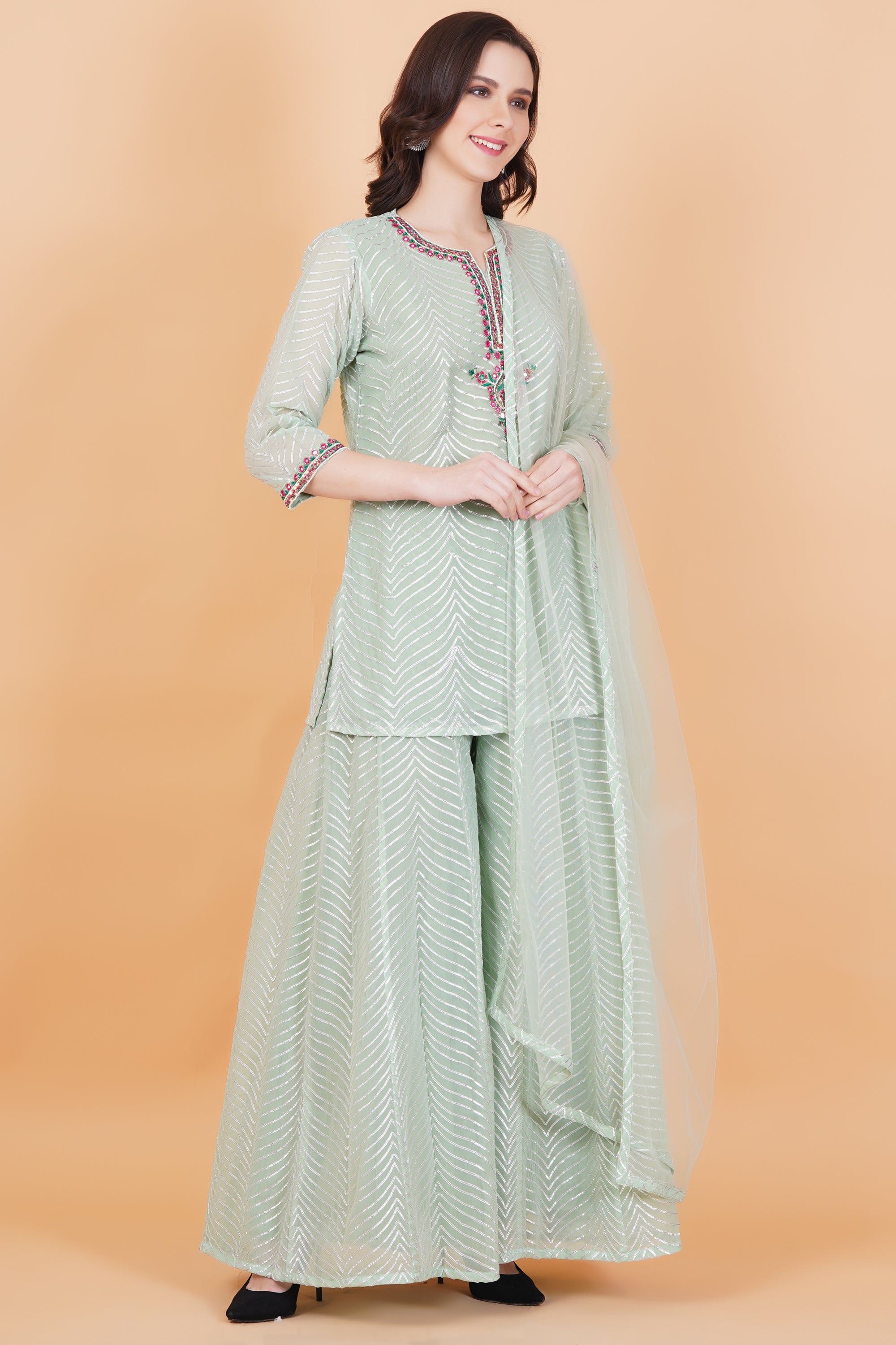 Pista Kota Patti Zardozi work Suit Set