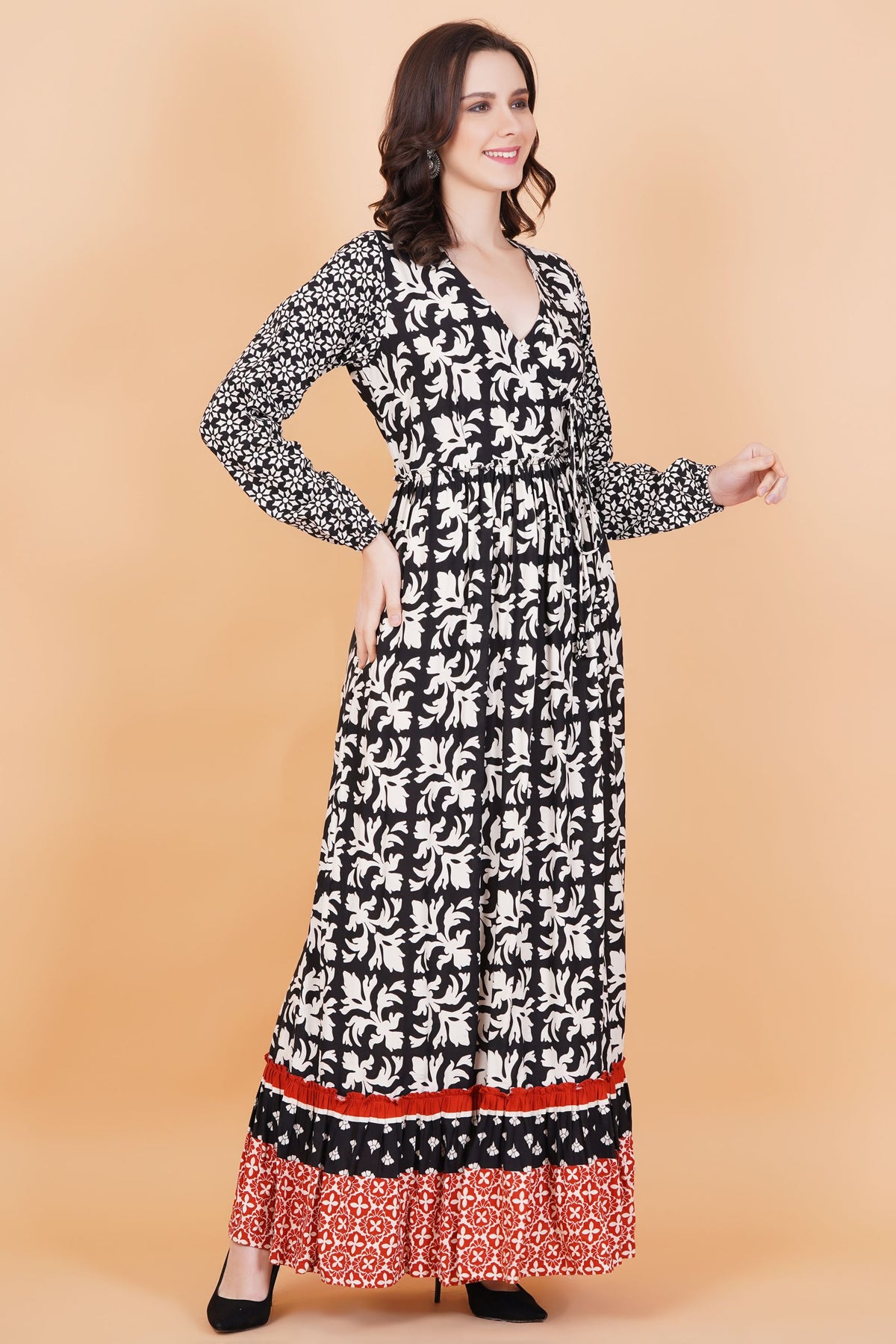 Rayon Black Orange Printed Gown