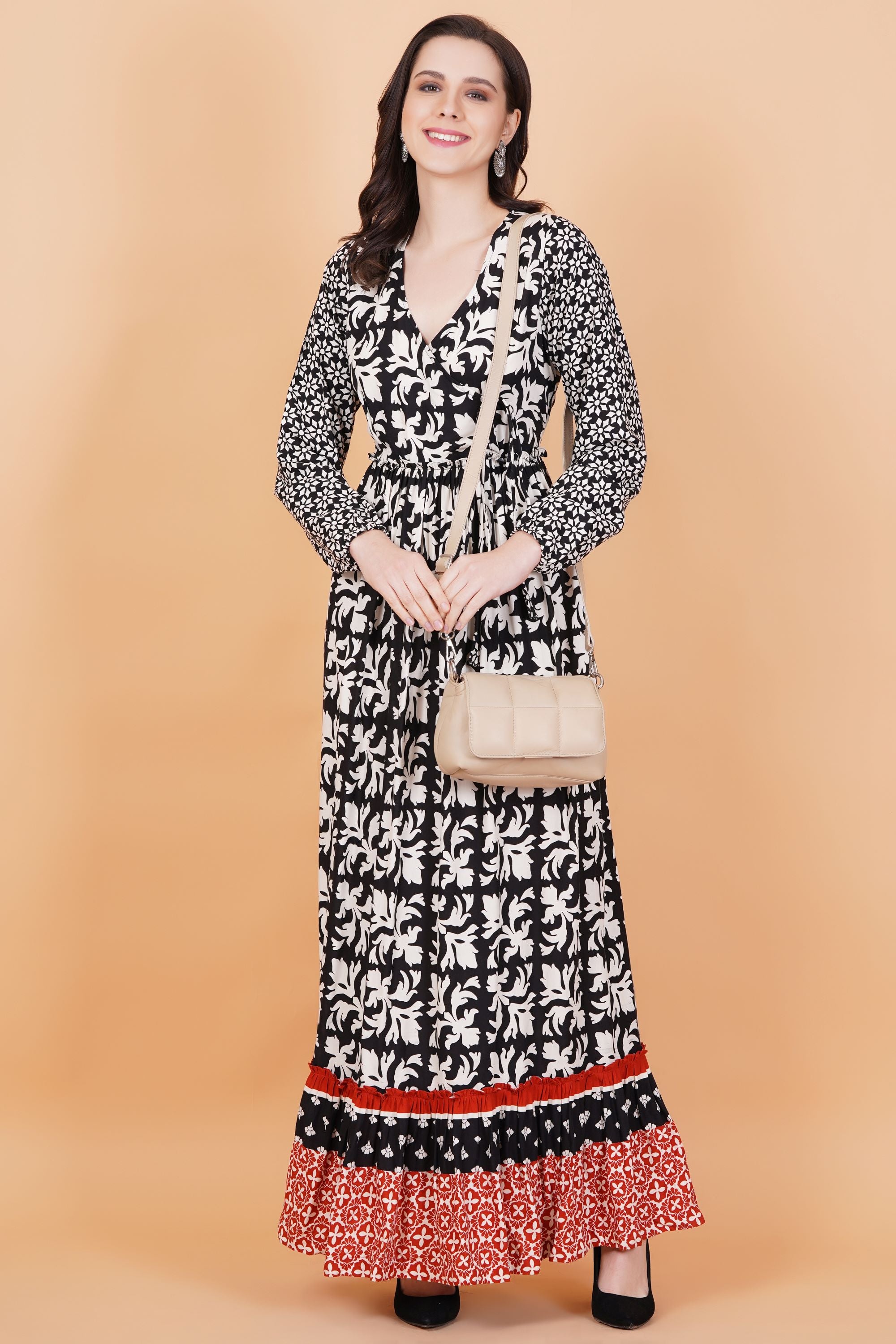 Rayon Black Orange Printed Gown