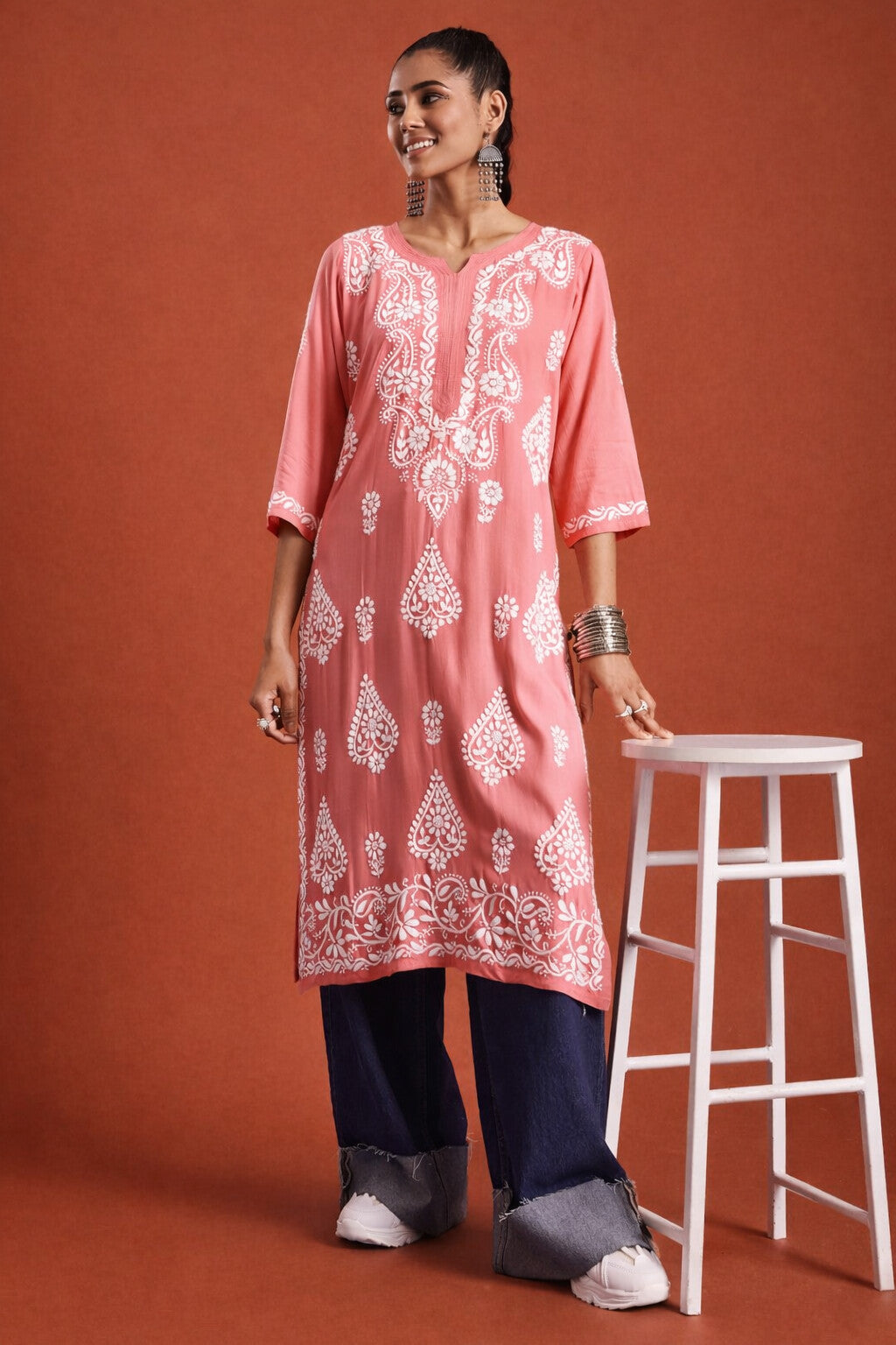 Pink Rayon Chikankari Kurti