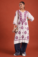 Modal White Cotton Purple Thread Chikankari Kurti