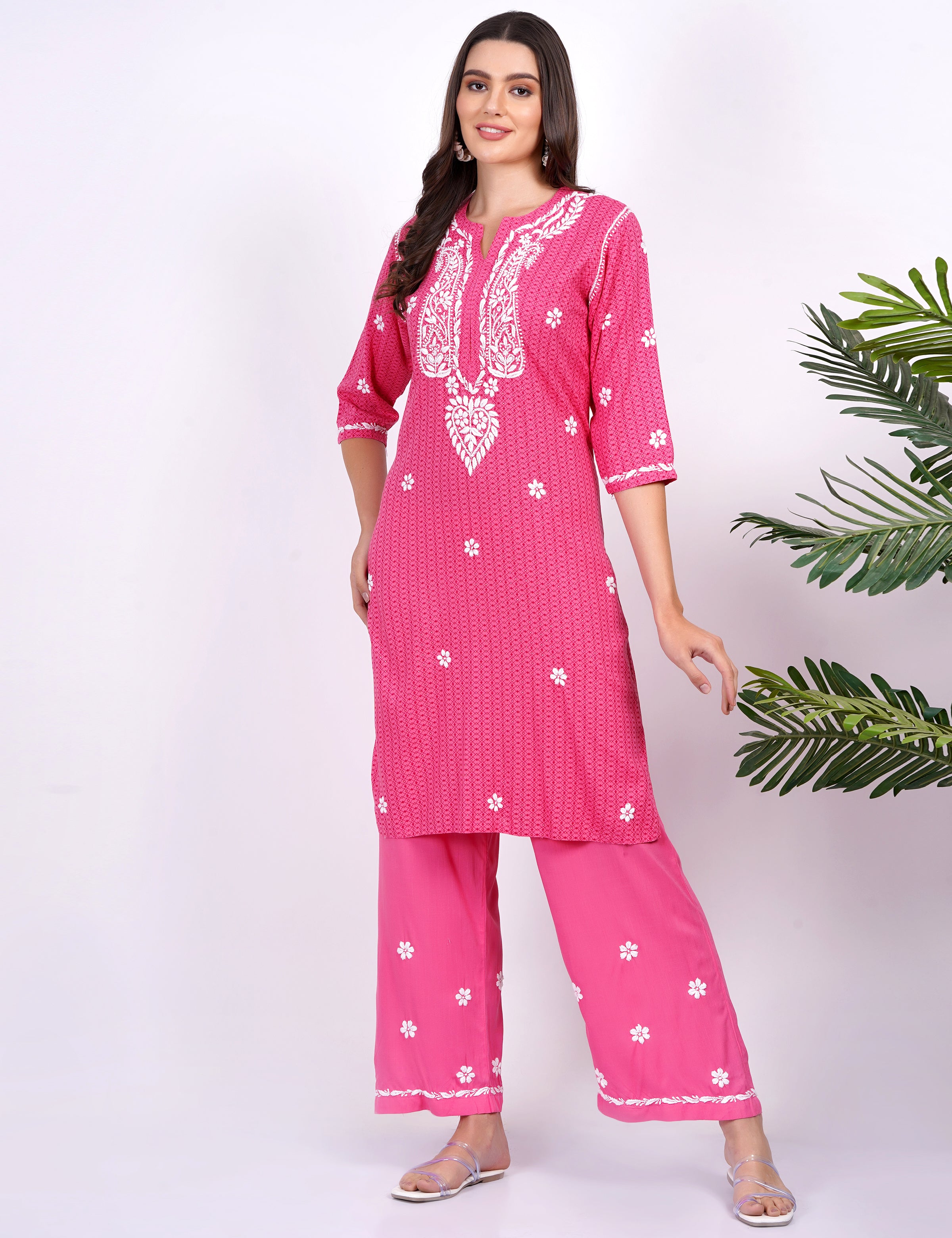 Pink Rayon Suit Set chikankari Ghas Pati Work