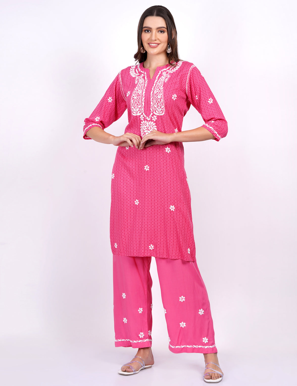 Pink Rayon Suit Set chikankari Ghas Pati Work