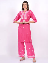 Pink Rayon Suit Set chikankari Ghas Pati Work