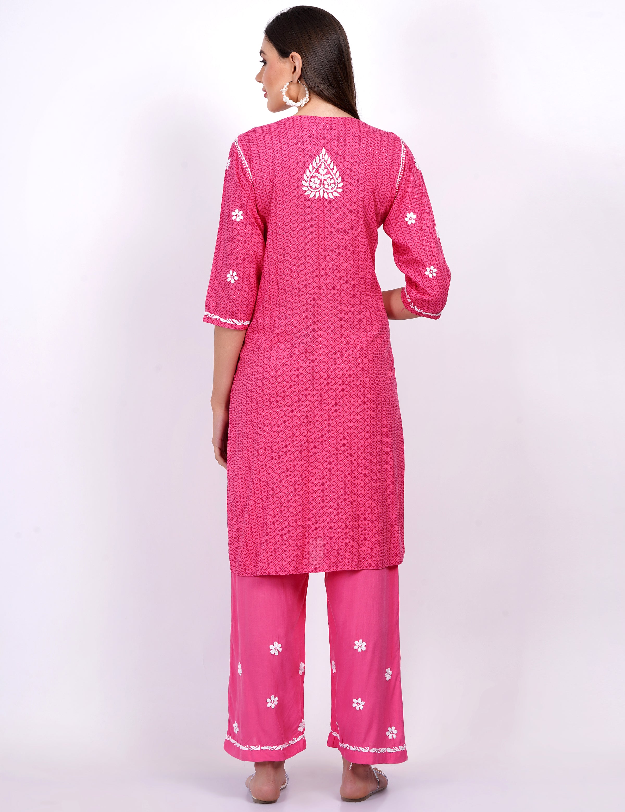 Pink Rayon Suit Set chikankari Ghas Pati Work