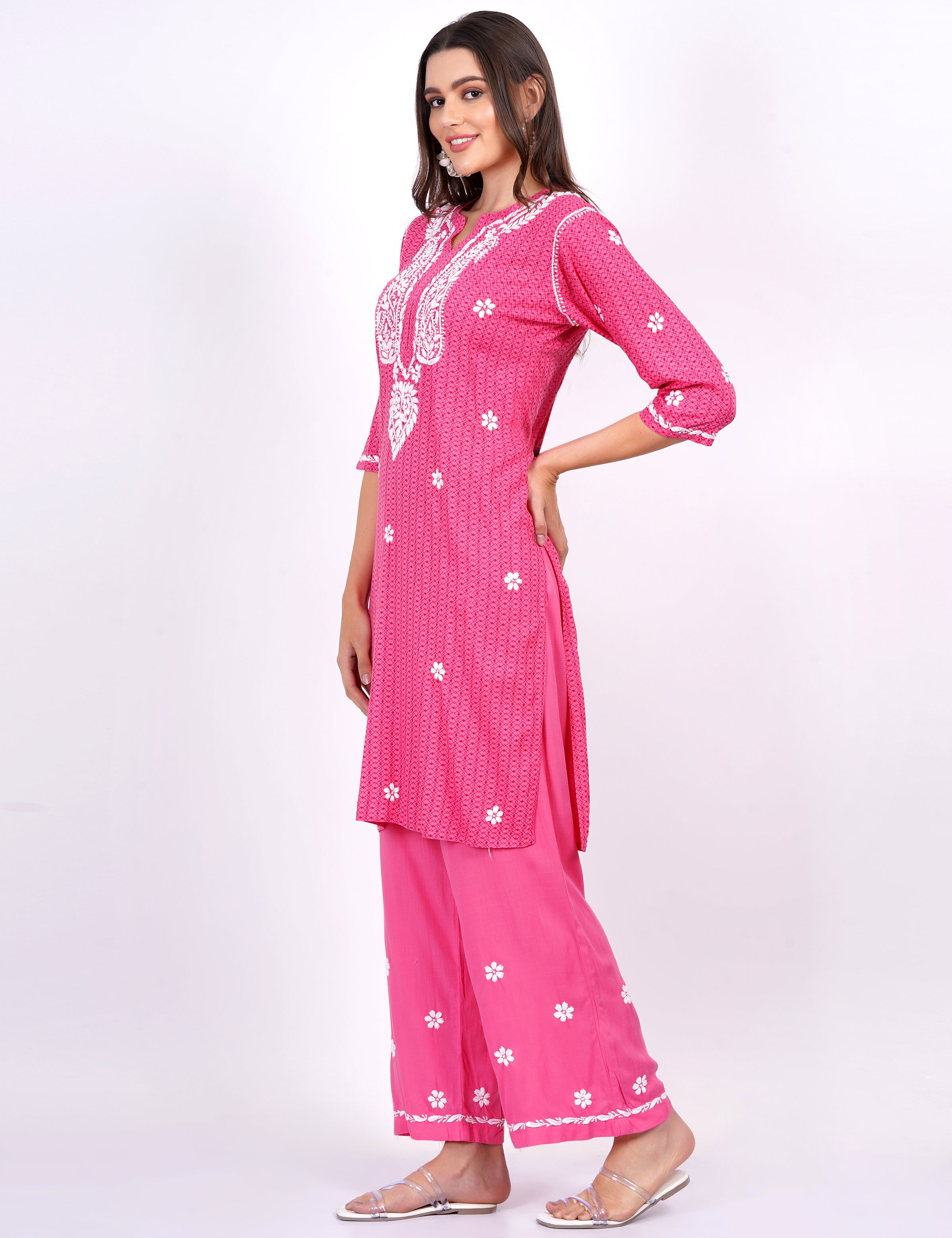 Pink Rayon Suit Set chikankari Ghas Pati Work