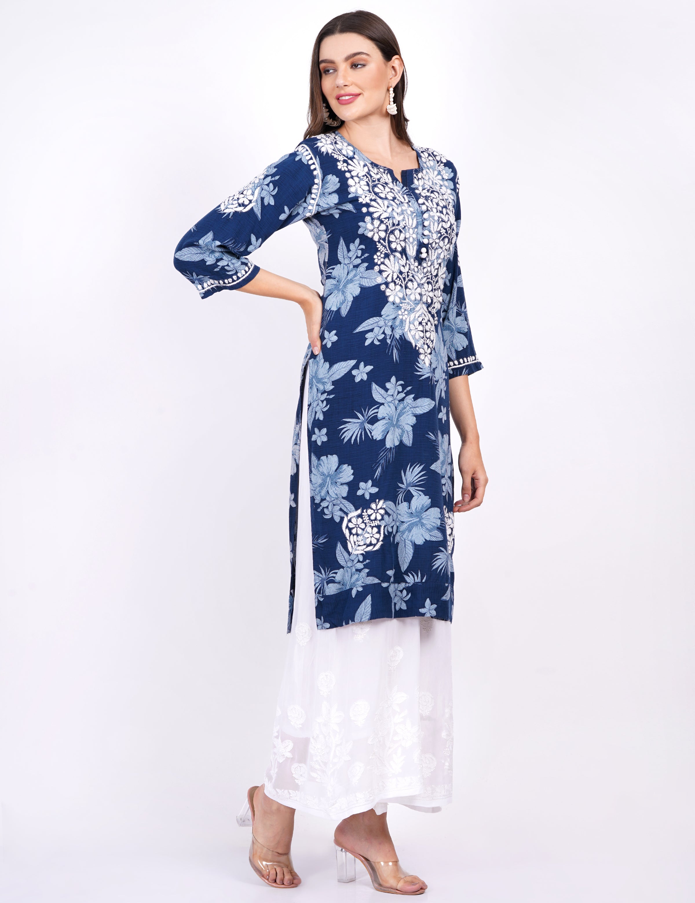 Rayon Navy Blue Printed Chikankari Kurti