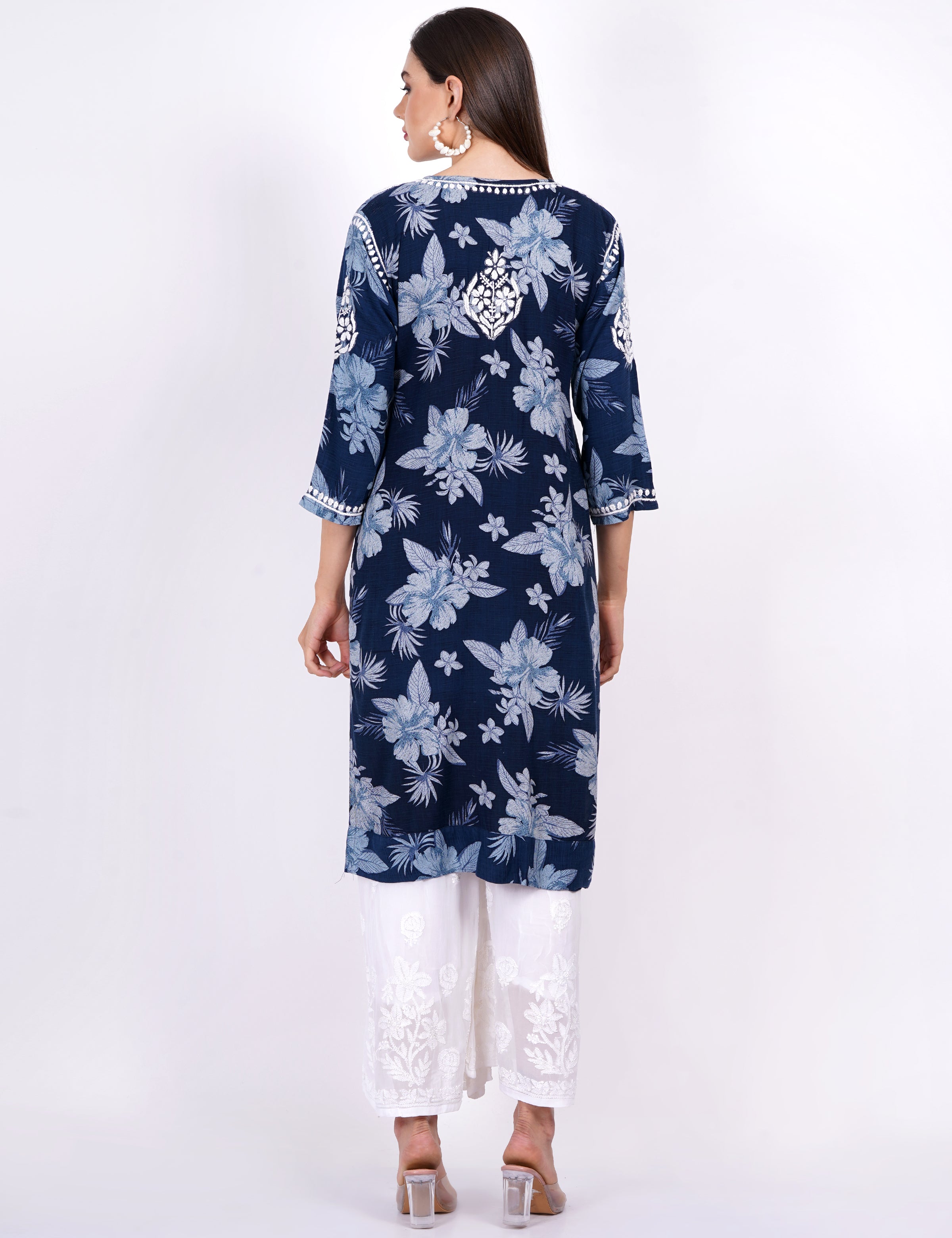 Rayon Navy Blue Printed Chikankari Kurti