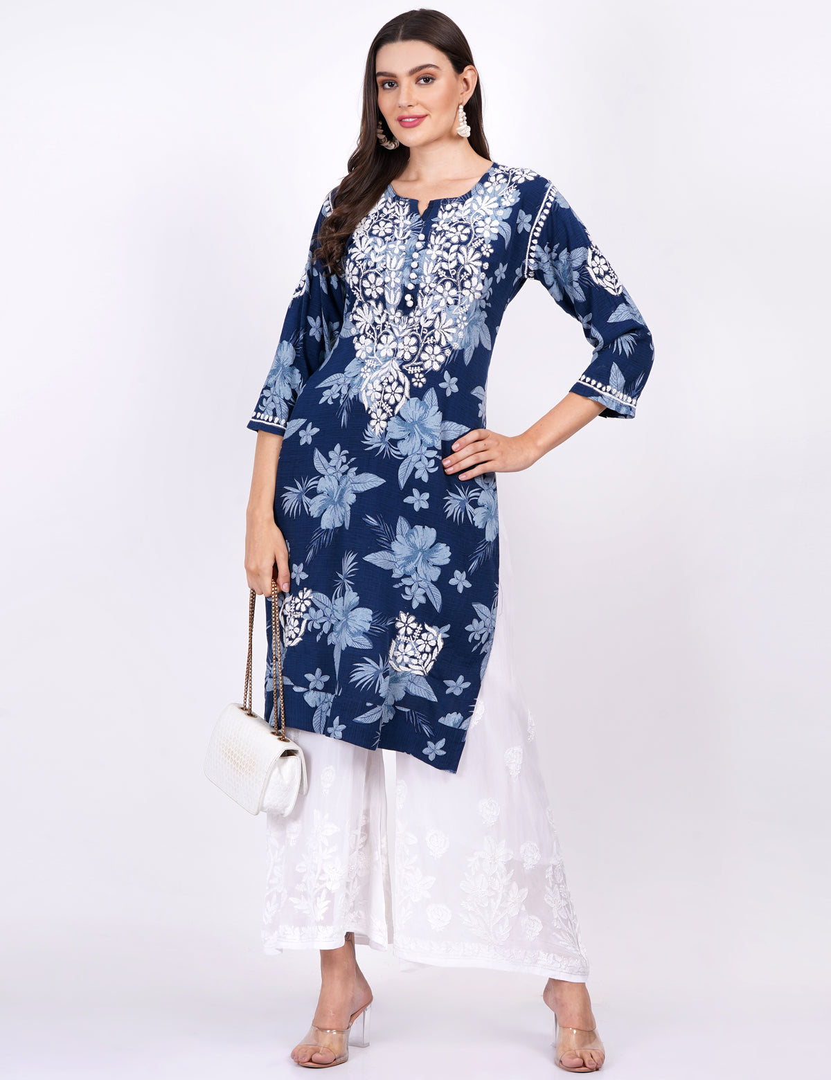 Rayon Navy Blue Printed Chikankari Kurti