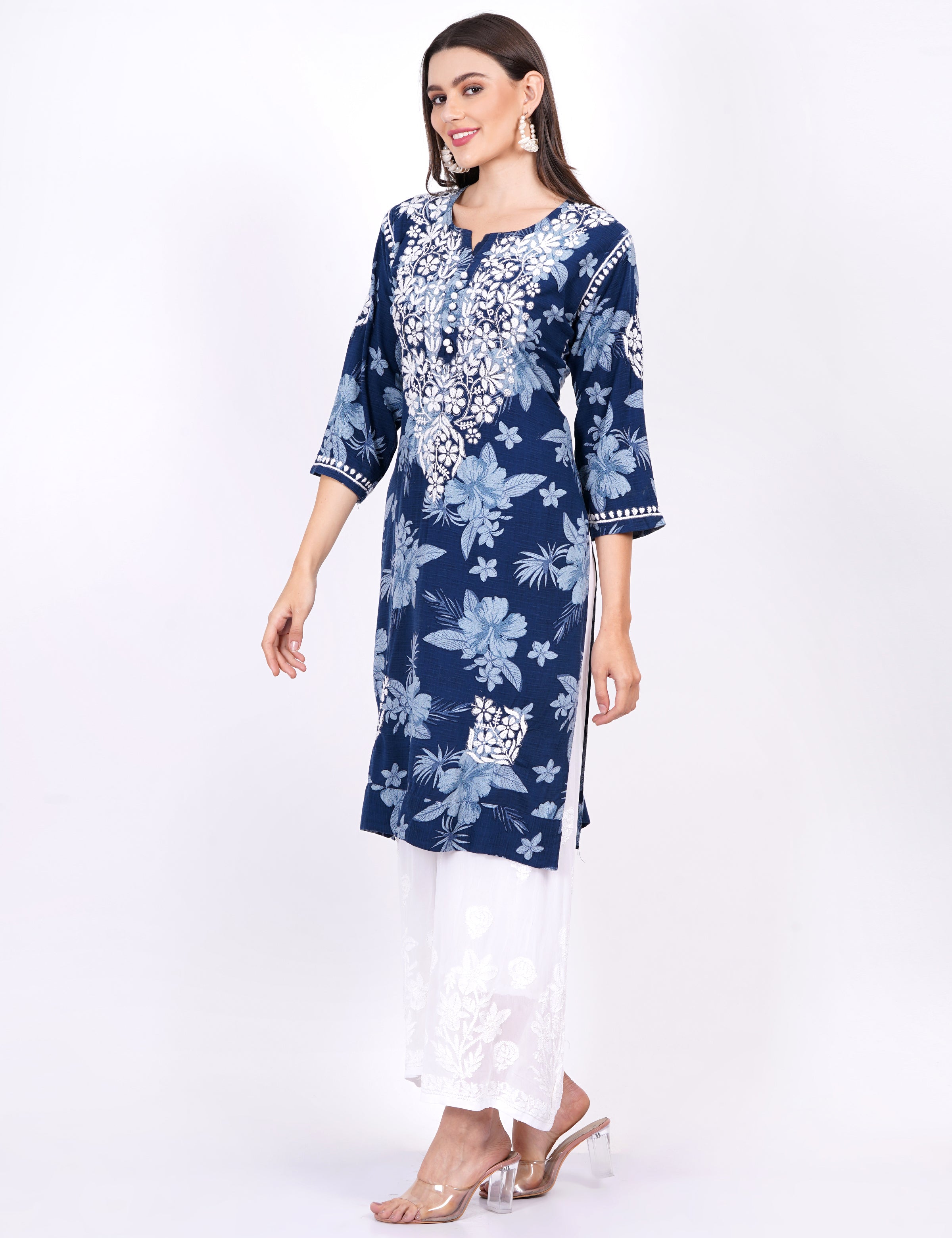 Rayon Navy Blue Printed Chikankari Kurti