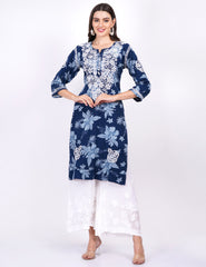 Rayon Navy Blue Printed Chikankari Kurti