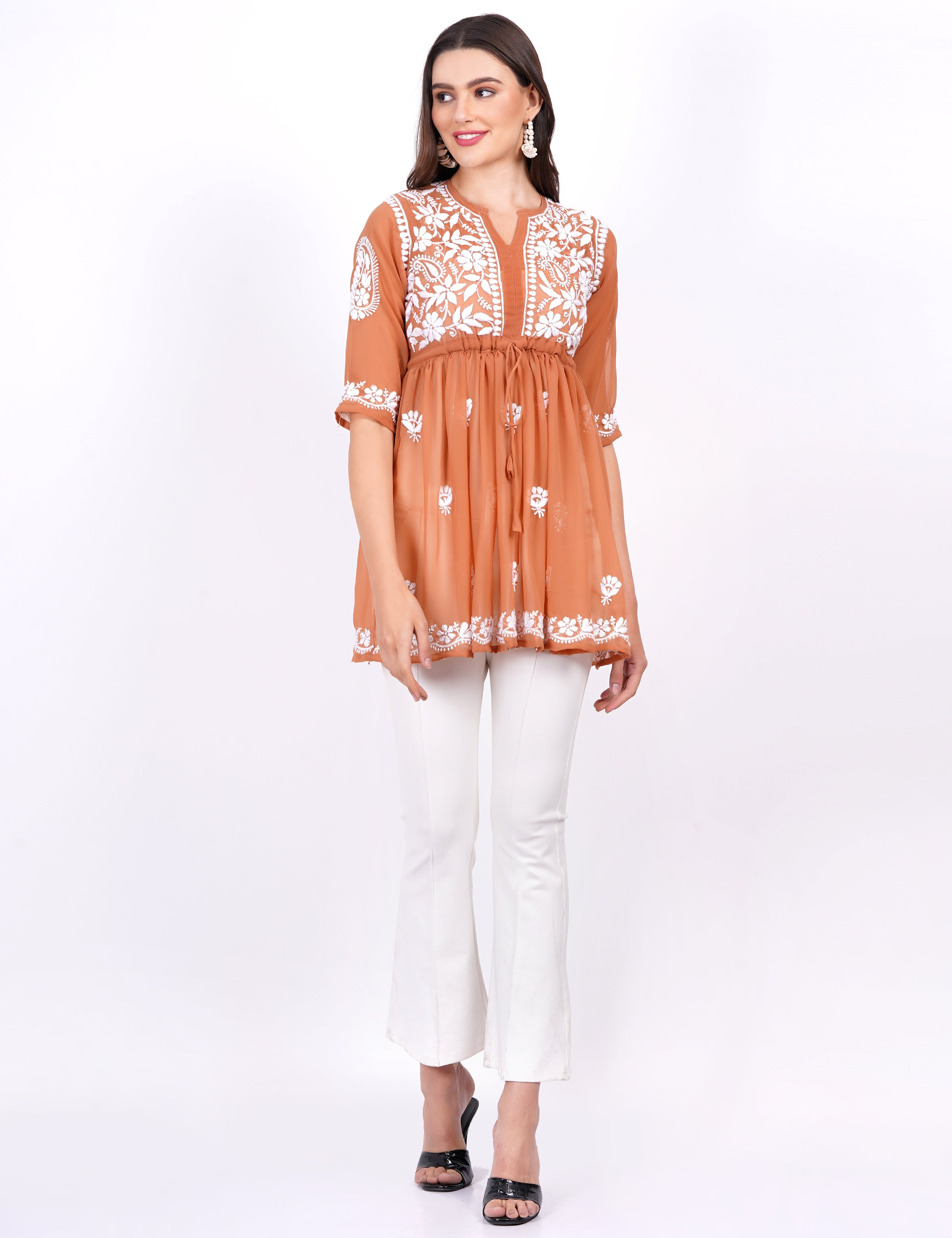 Dark Orange Georgette Chikankari Peplum Dress