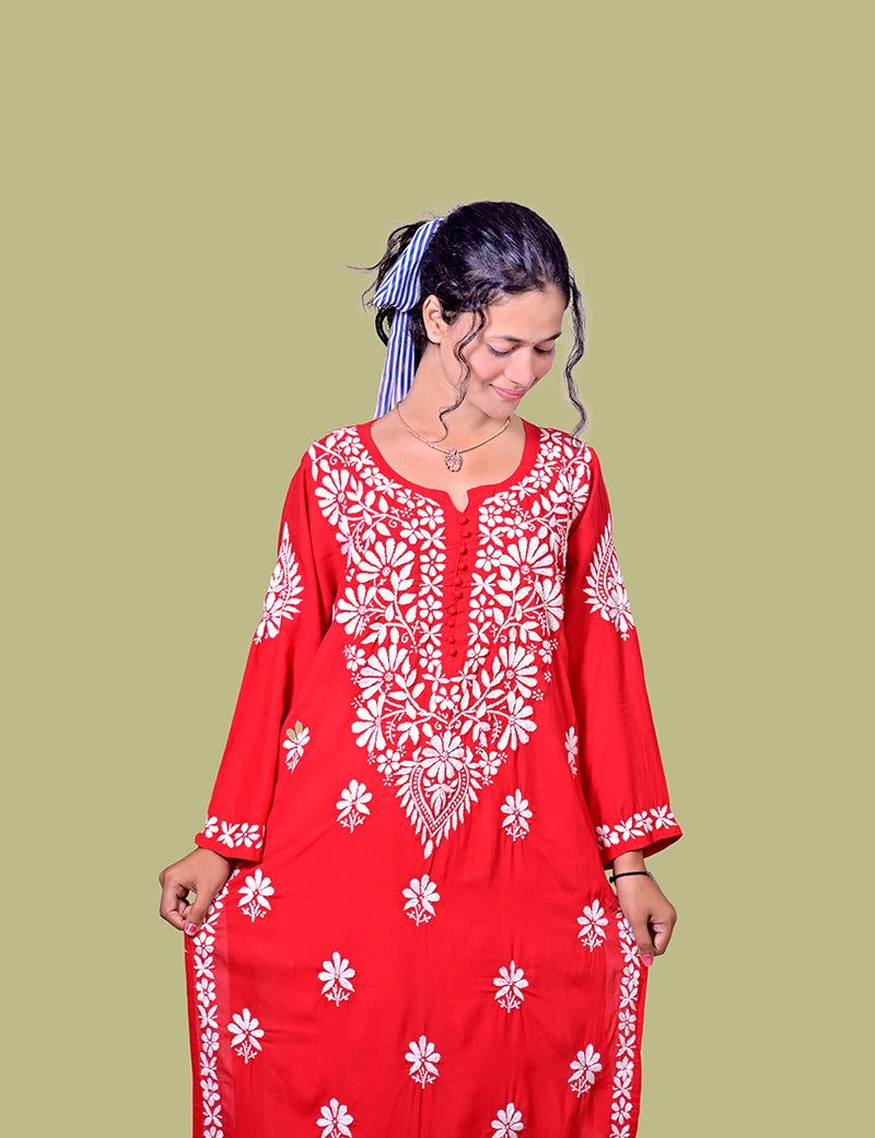 Modal Cotton Red Chikankari Kurta