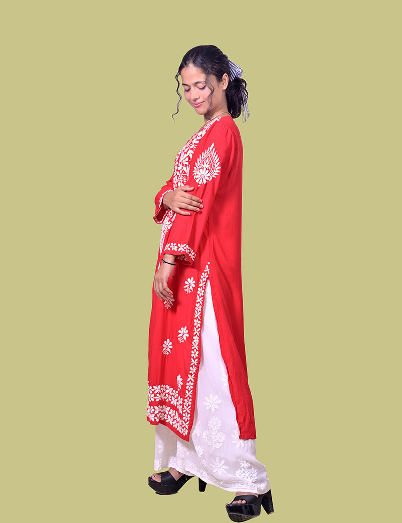 Modal Cotton Red Chikankari Kurta