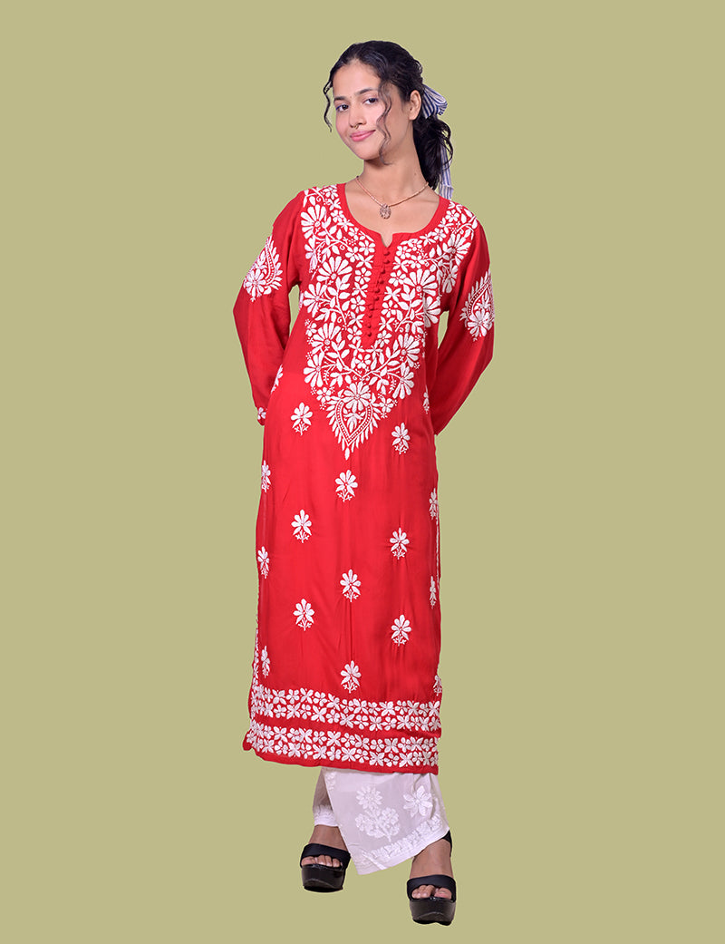 Modal Cotton Red Chikankari Kurta - Sufiza Lifestyle