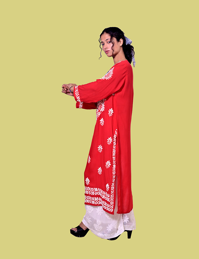 Modal Cotton Red Chikankari Kurta - Sufiza Lifestyle