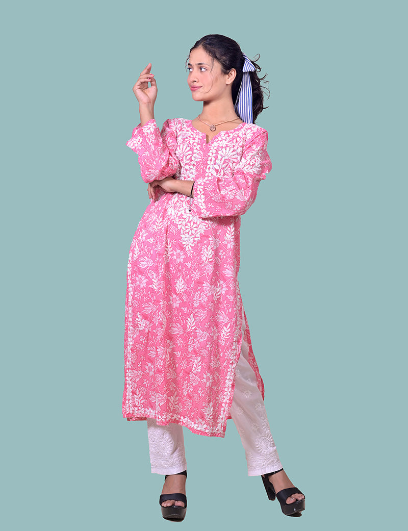 Mal Cotton Pink Chikankari Kurta