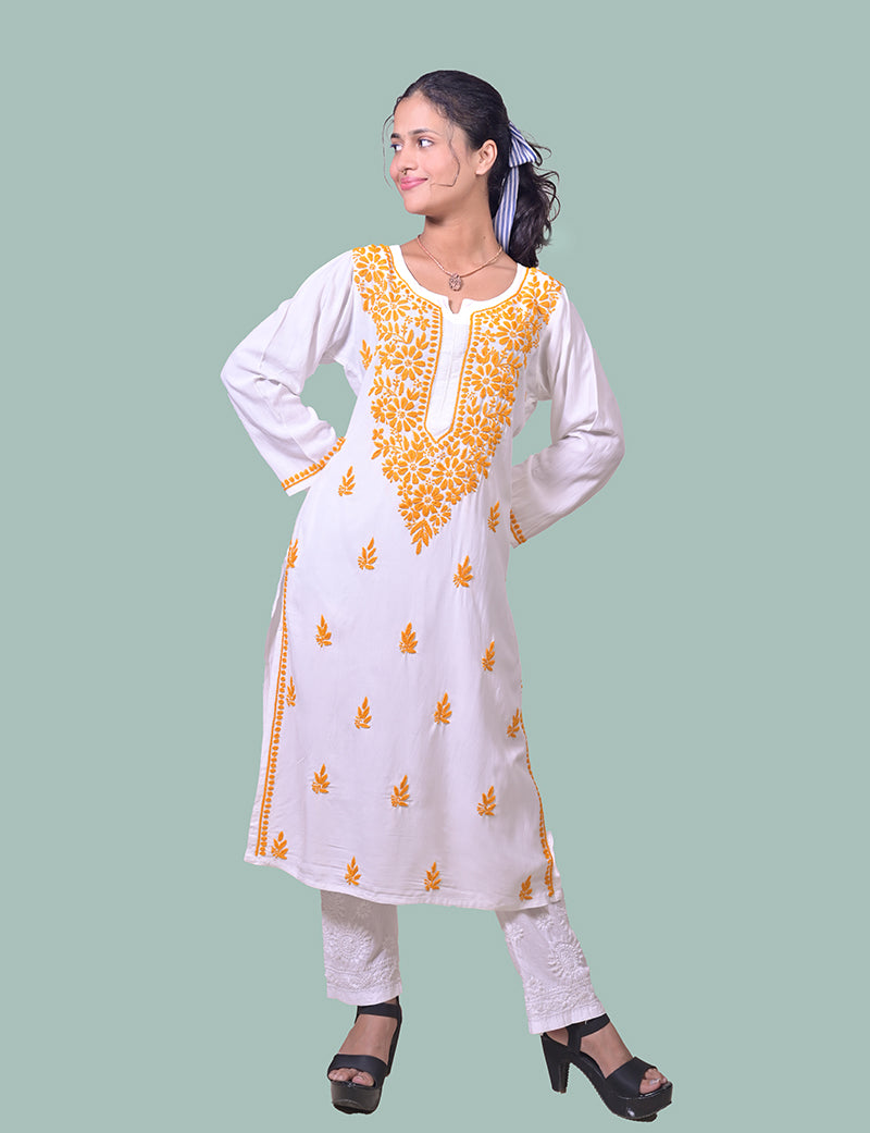 Rayon Cotton White  Yellow Thread Chikankari Kurta