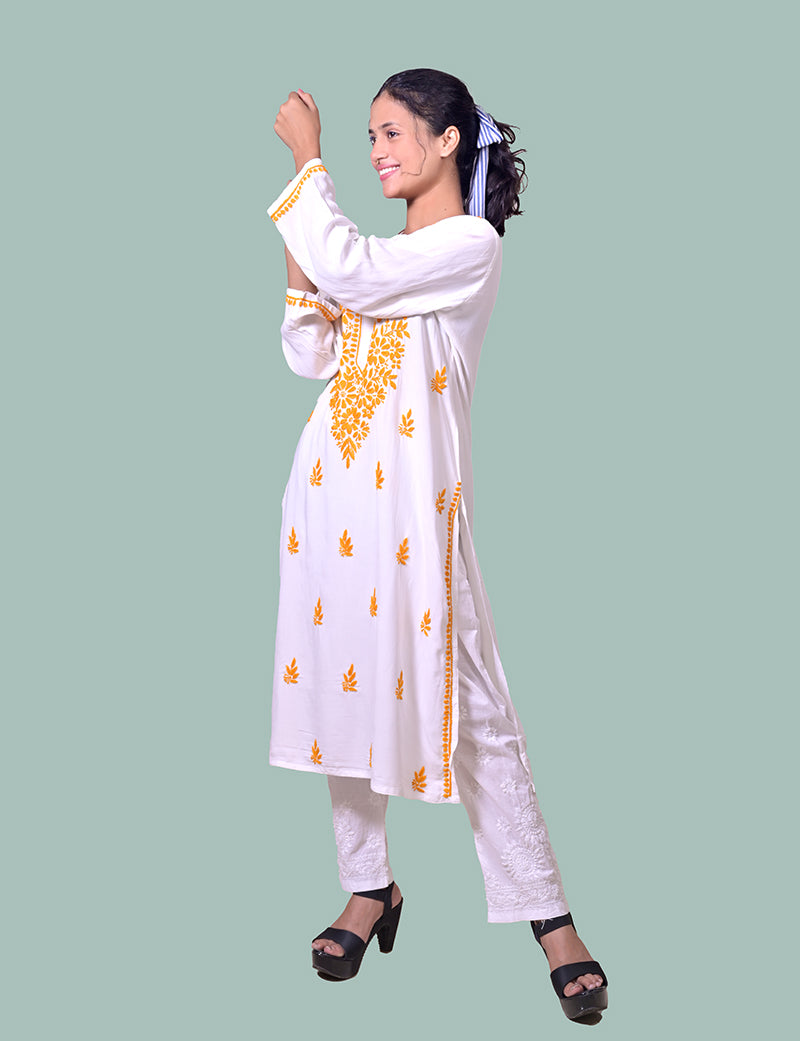 Rayon Cotton White  Yellow Thread Chikankari Kurta - Sufiza Lifestyle