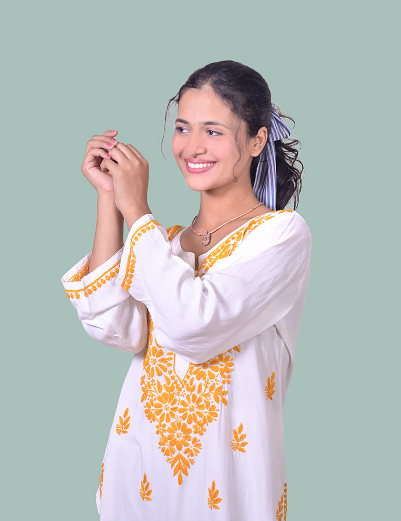 Rayon Cotton White  Yellow Thread Chikankari Kurta - Sufiza Lifestyle