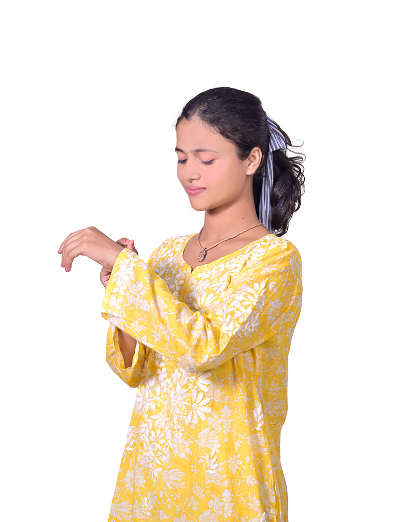 Mal Cotton Yellow Chikankari Kurta