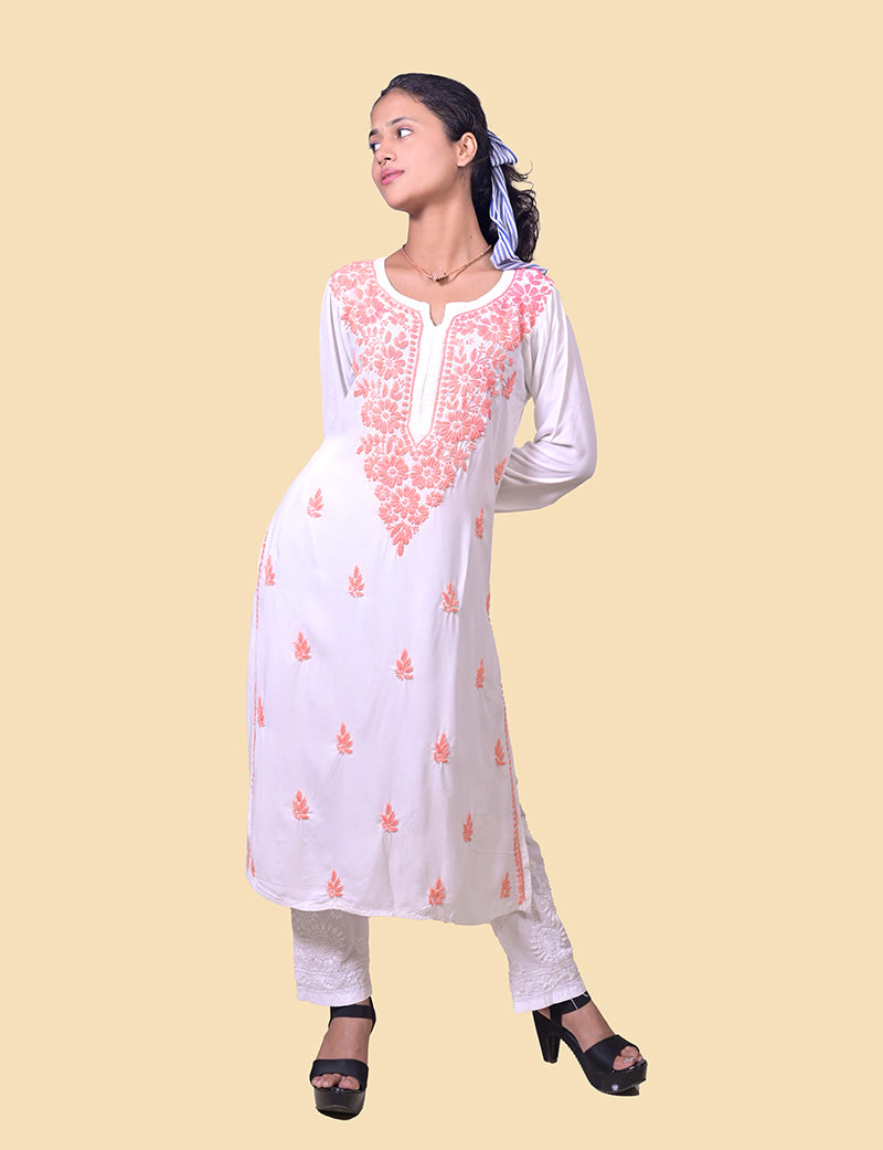 Rayon Cotton White Kurti Peach Color Thread Chikankari Kurta