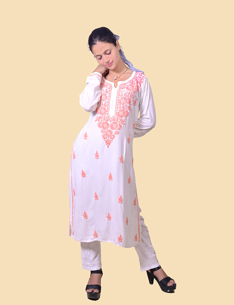 Rayon Cotton White Kurti Peach Color Thread Chikankari Kurta