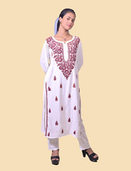 Rayon Cotton White Mehroon Thread Chikankari Kurta