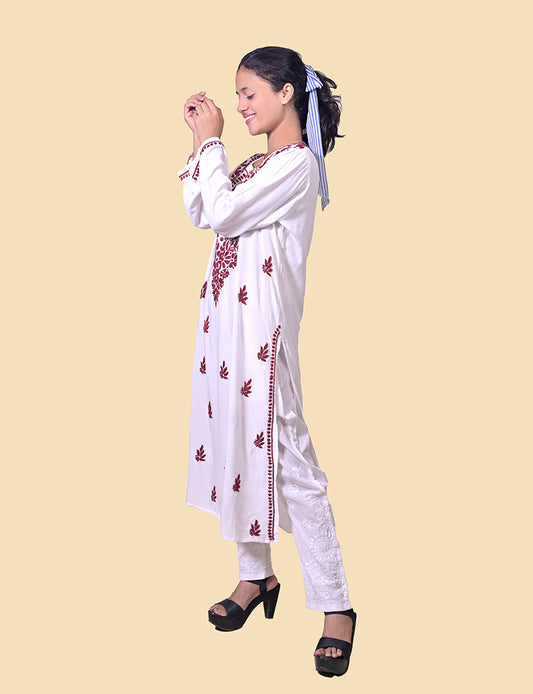 Rayon Cotton White Mehroon Thread Chikankari Kurta - Sufiza Lifestyle