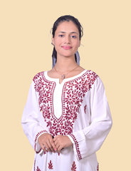 Rayon Cotton White Mehroon Thread Chikankari Kurta