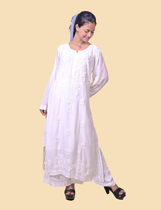 Muslin White Aline Chikankari Kurta - Sufiza Lifestyle
